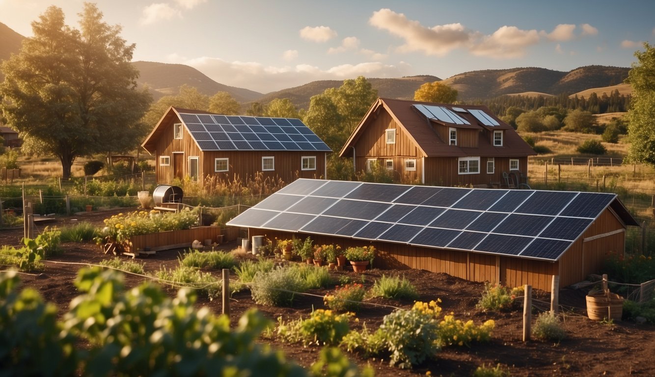 A cozy homestead with solar panels, rainwater collection, and gardens surrounded by a fence. A composting area and chicken coop are visible,