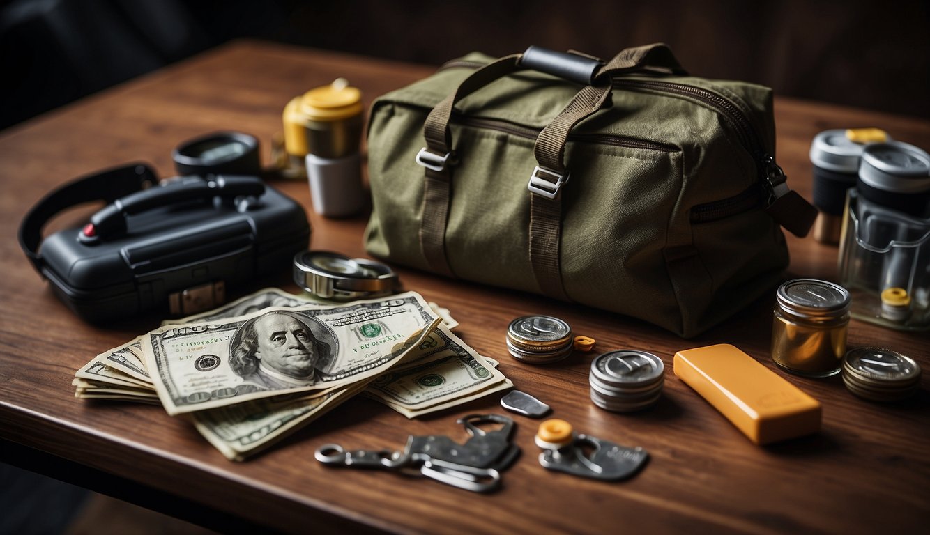 A survival kit on a table, with cash prominently displayed alongside other essential items. 