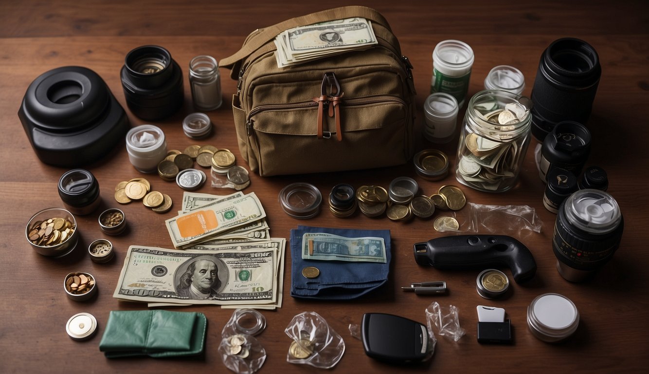An open survival kit with various items spread out, including cash being counted and considered for inclusion
