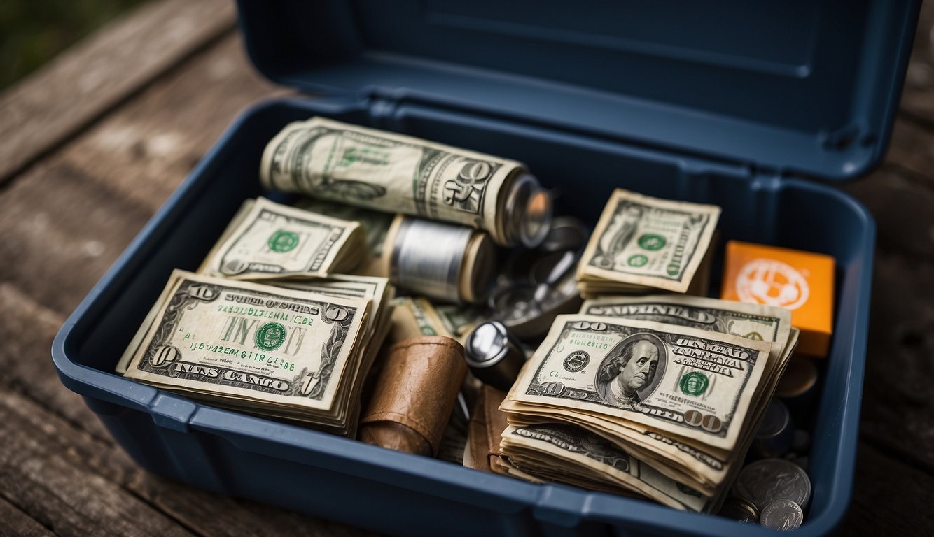Cash and survival items neatly organized in a sturdy, waterproof container.