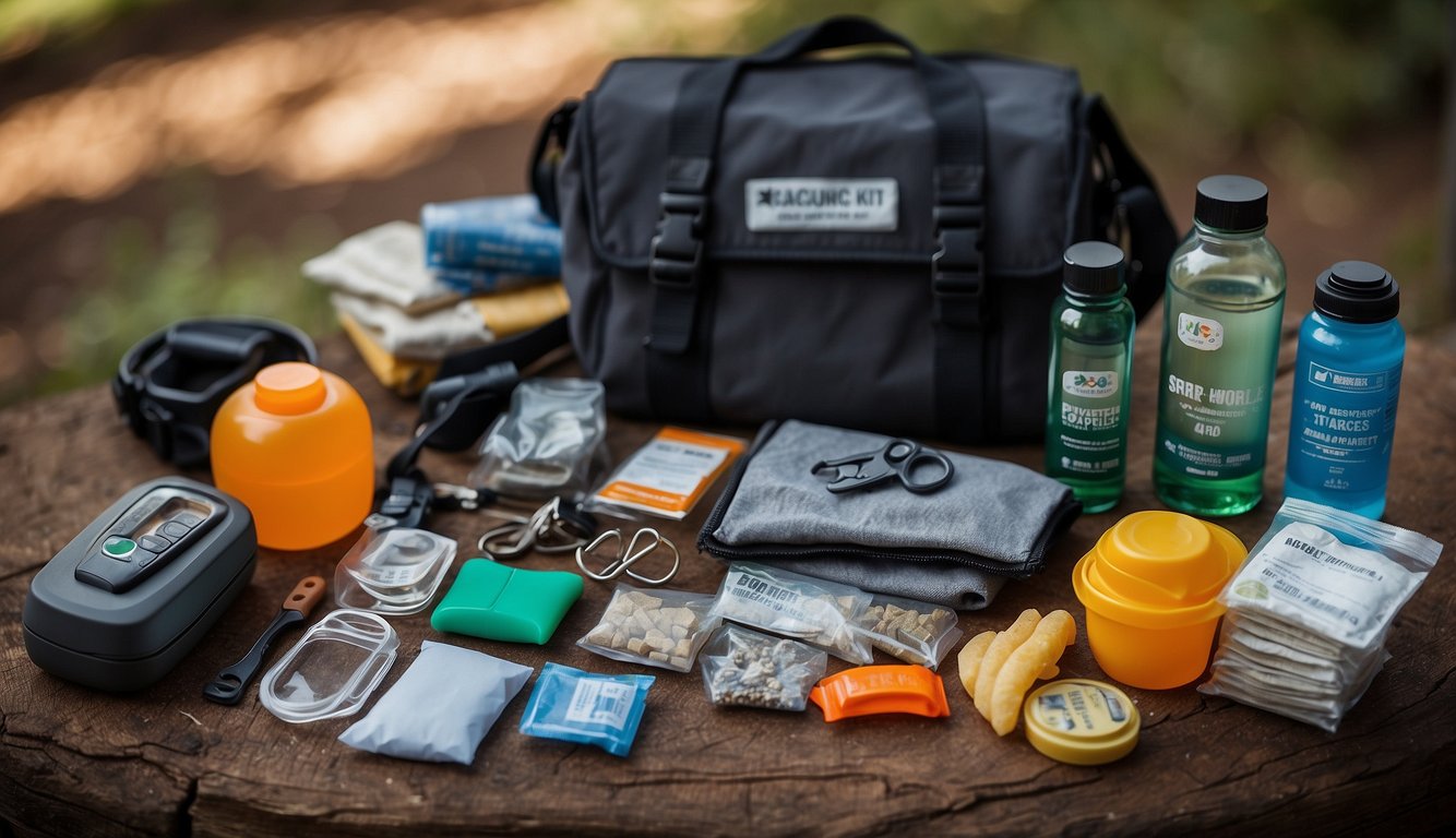 A survival kit with various non-cash alternatives: water purification tablets, energy bars, multi-tool, first aid supplies, fire starter, and emergency blanket