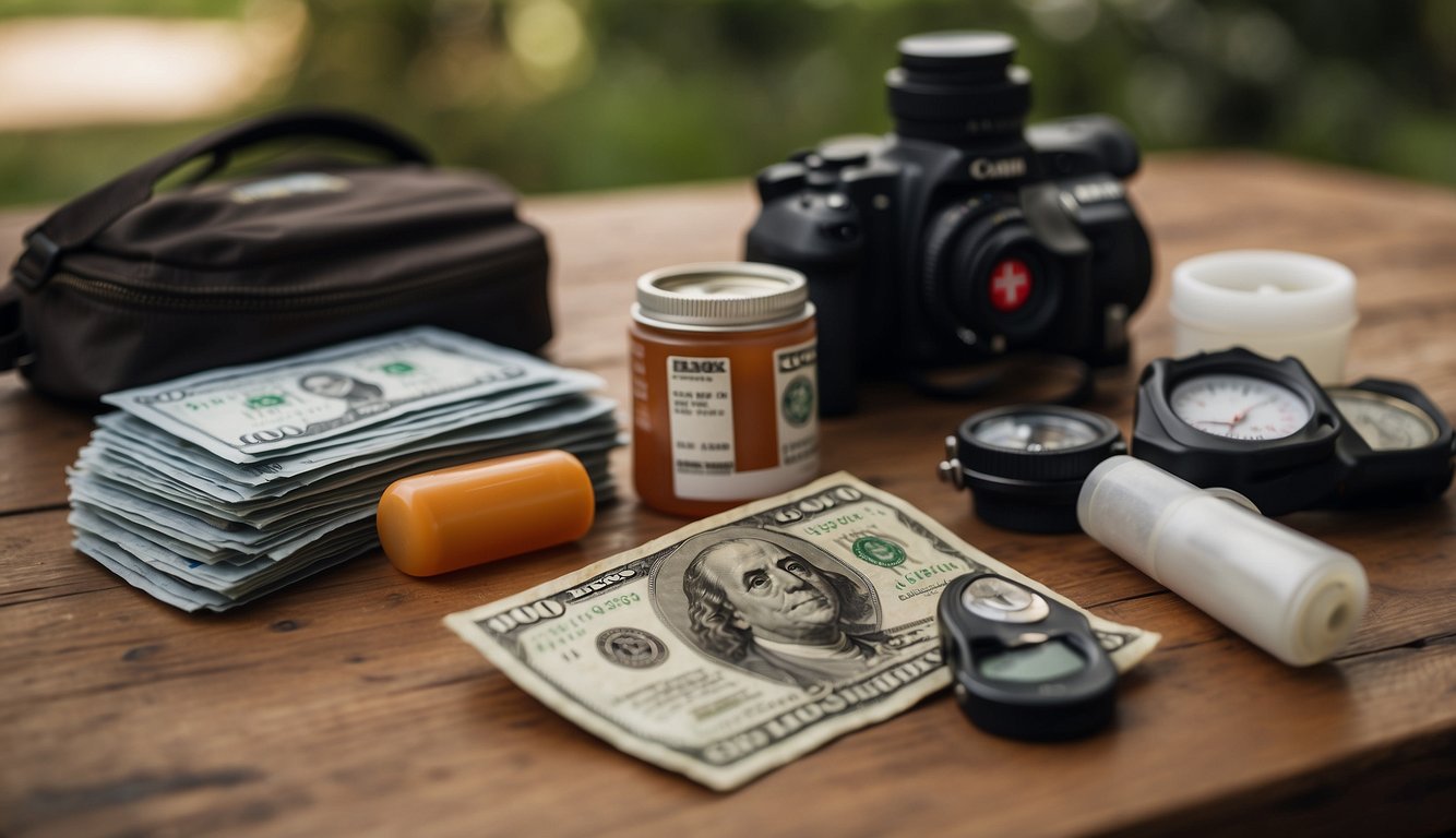 Cash and survival items scattered on a table, with a first aid kit and emergency supplies in the background