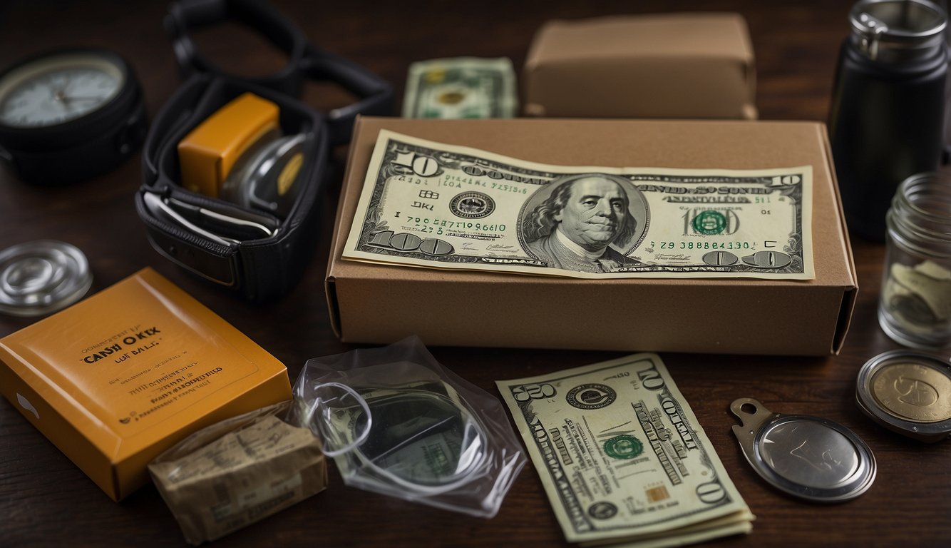 Cash, along with other essential items for a survival kit laid out on a table