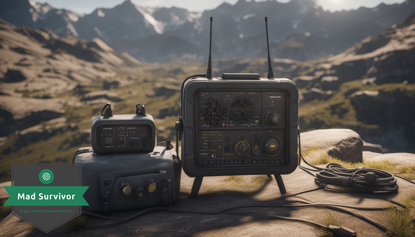 A makeshift radio transmitter sends out distress signals from a remote, rugged landscape