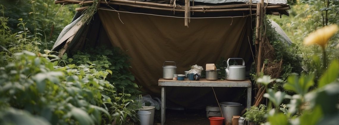 A makeshift shelter constructed from scavenged materials, surrounded by carefully rationed supplies and a small garden of foraged plants