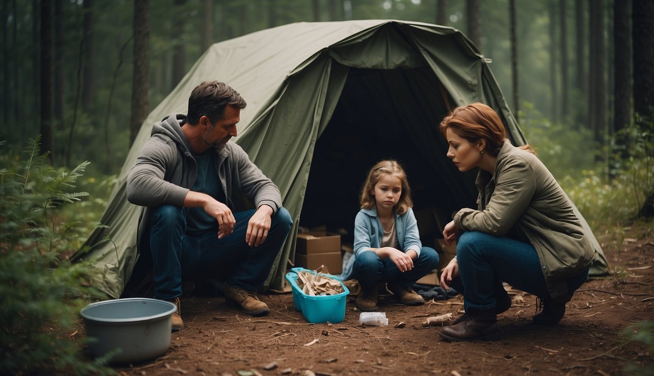 A family constructs a makeshift shelter using available materials, while organizing and rationing limited supplies for survival in a post-apocalyptic scenario