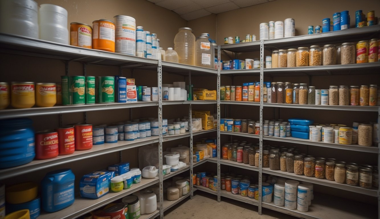 A cluttered room with shelves of canned food, water jugs, and medical supplies.