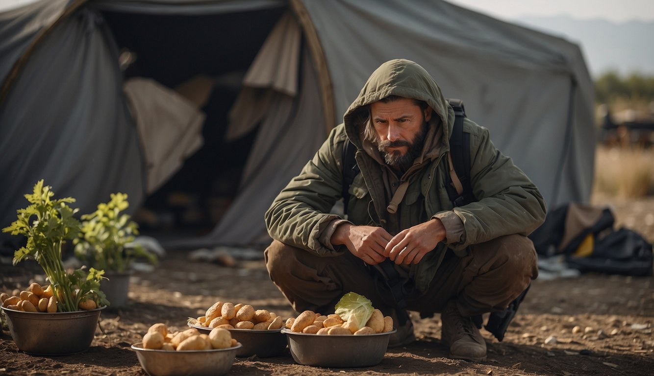 A person secures a shelter, gathers food, and allocates resources in a post-apocalyptic setting