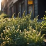 A bustling city street with overgrown plants, abandoned buildings, and hidden pockets of edible wild plants