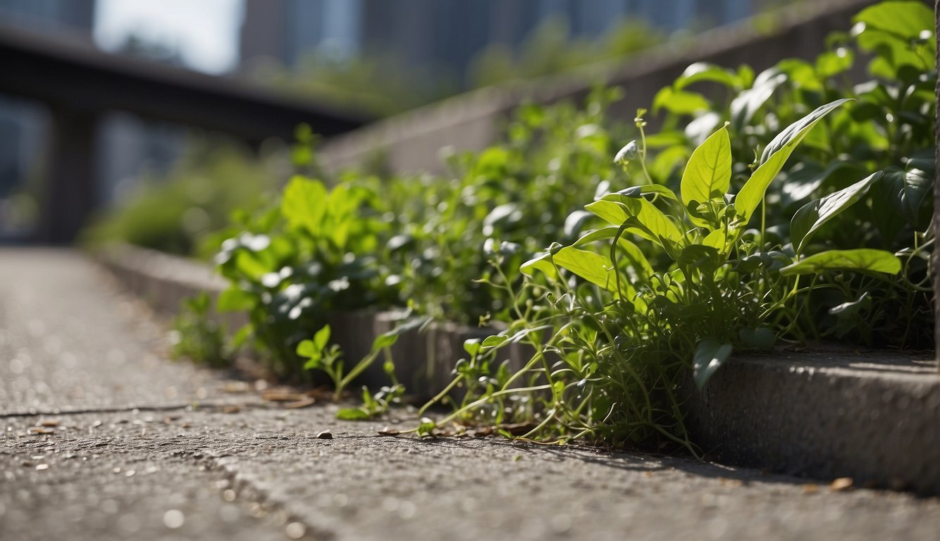 Lush greenery grows through cracks in concrete. Edible plants and herbs thrive in urban landscapes. Buildings loom in the background