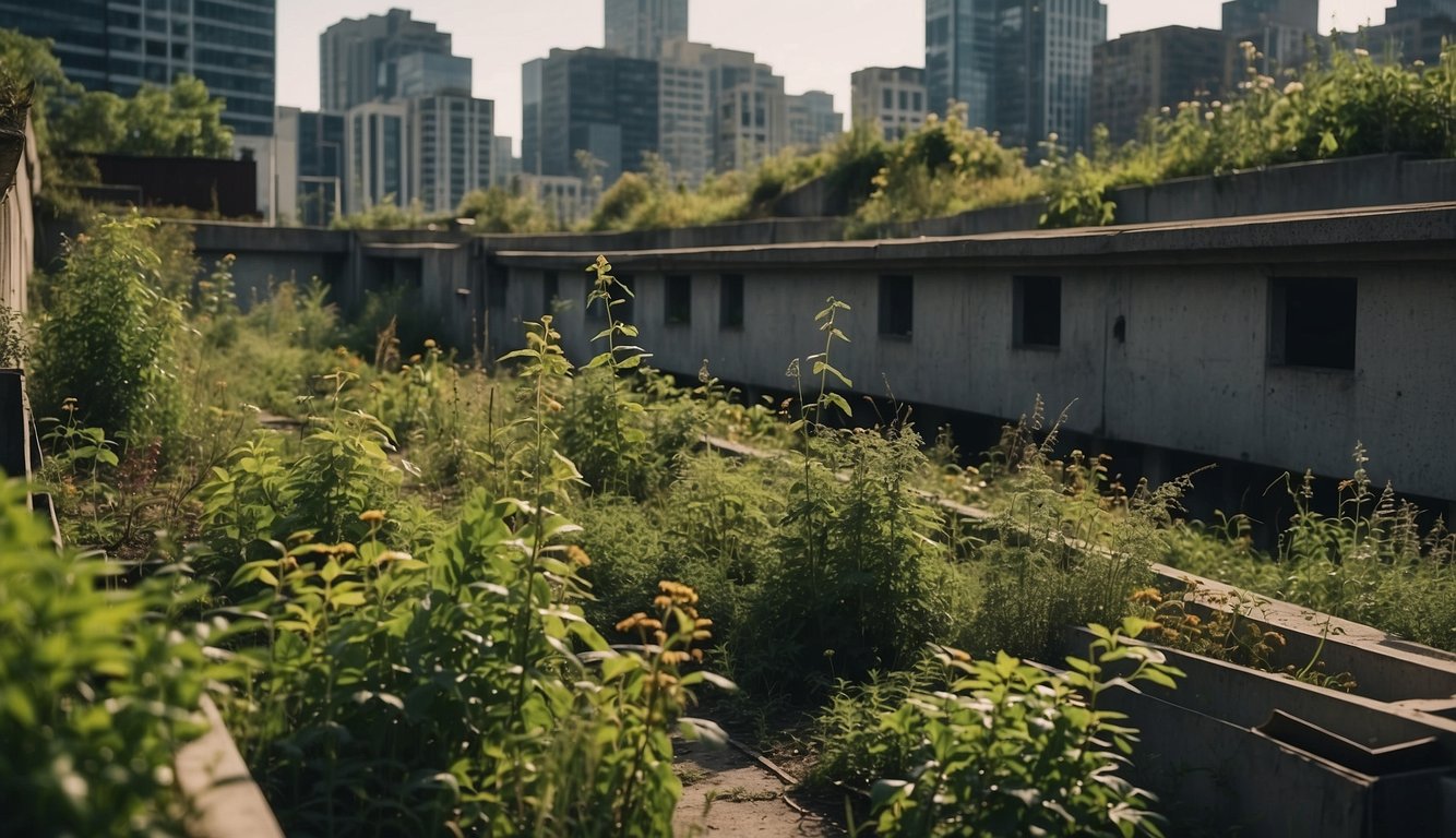 A bustling urban landscape with overgrown greenery and abandoned buildings. Wild plants and edible herbs can be seen growing amidst the concrete jungle