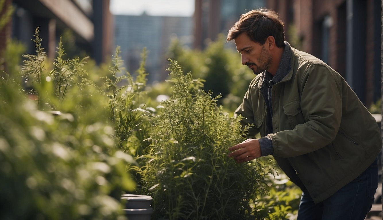 A person collects wild plants in an urban setting, then processes them for storage