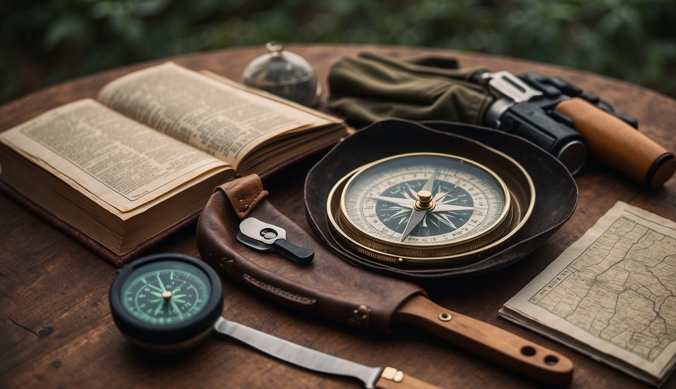 A table covered in foraging tools: compass, map, knife, gloves, and containers