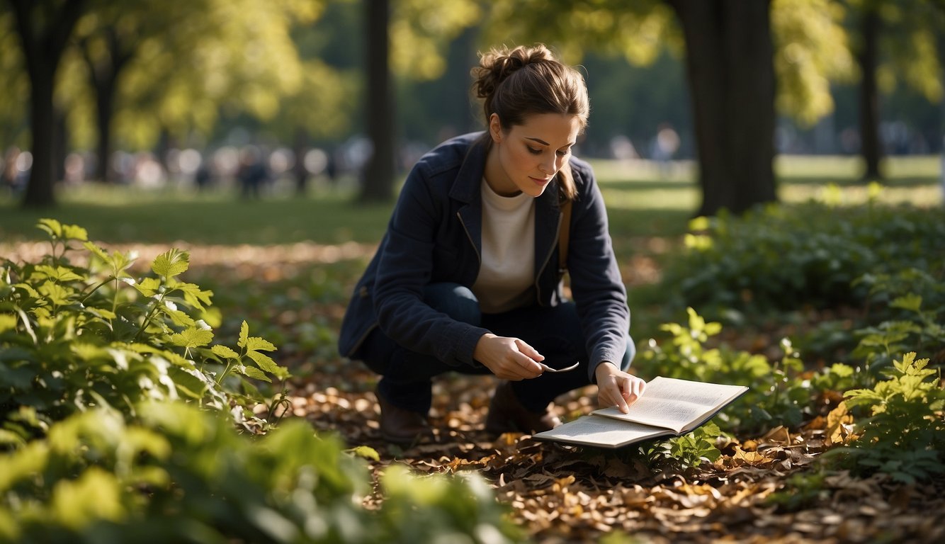 A person searches for edible plants in a city park, using a guidebook and a small shovel. They carefully examine leaves and berries, taking notes