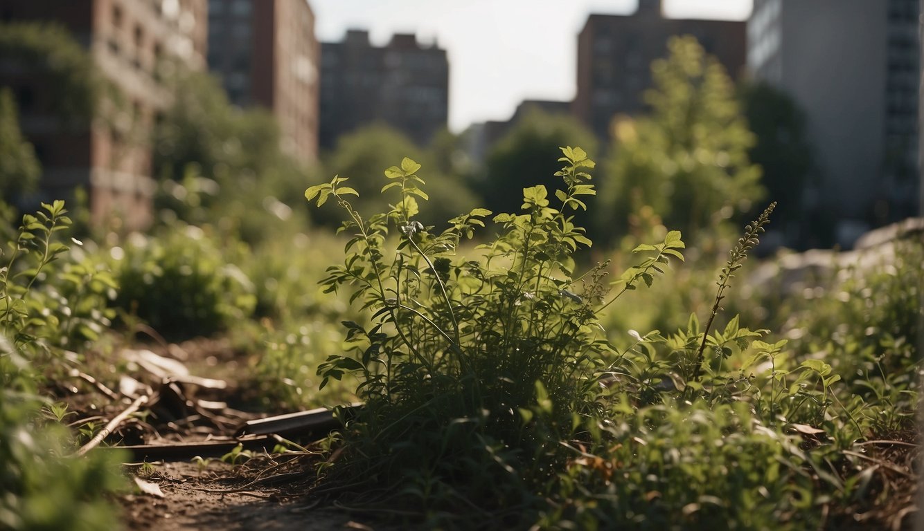 A cityscape with overgrown greenery, abandoned buildings, and scattered foraging tools