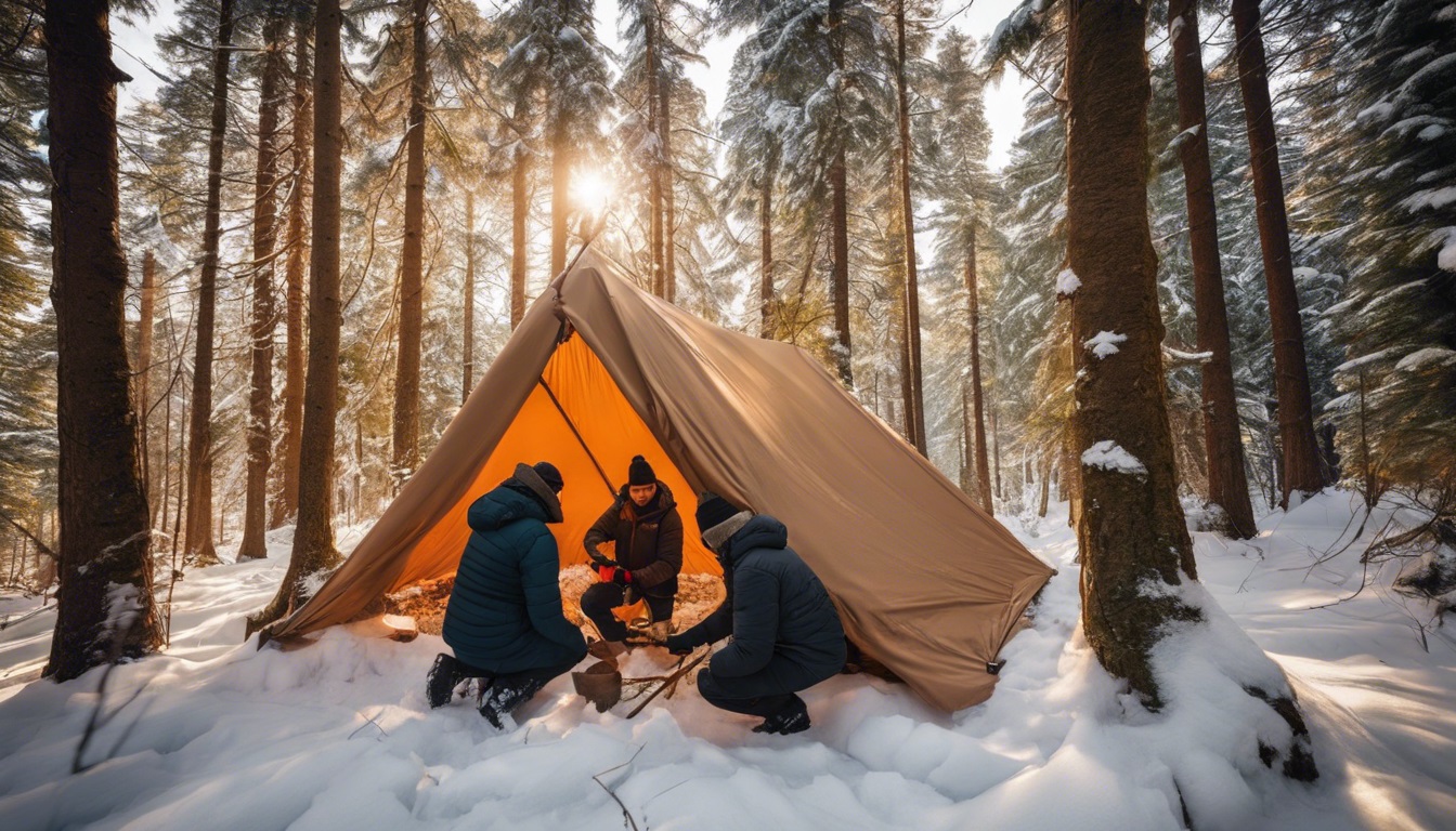 People construct a shelter in a snowy forest using branches and leaves, creating a barrier from the cold. They gather materials to insulate the space, ensuring warmth in a survival scenario