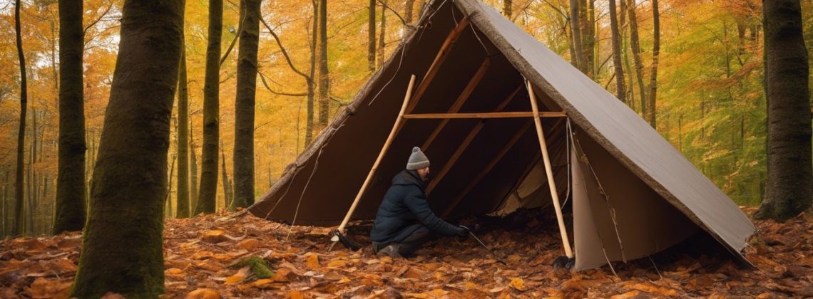 A person constructs a shelter using natural materials, insulating it with leaves and branches to stay warm in a survival scenario