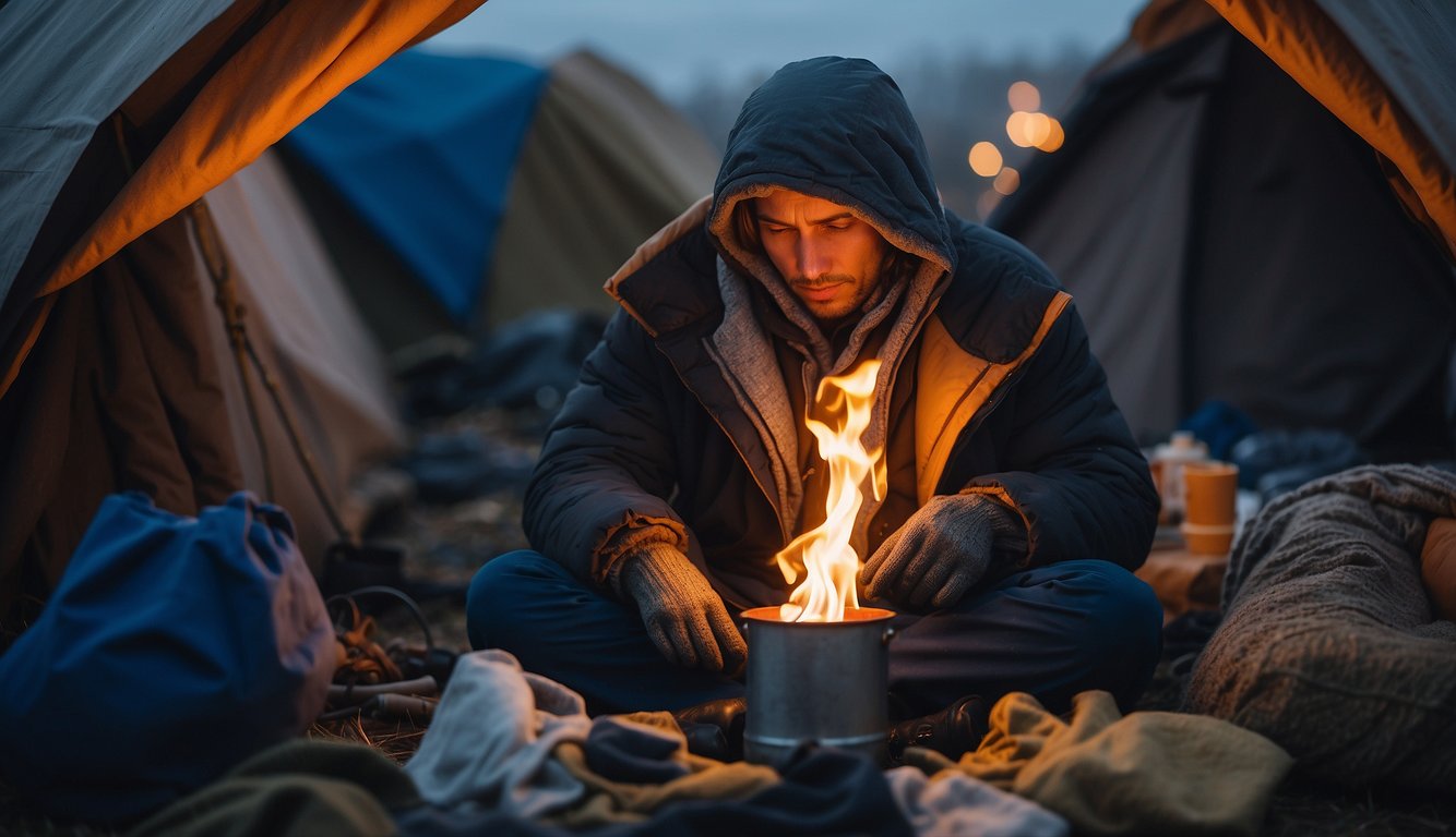 A figure huddled in a makeshift shelter, surrounded by a pile of essential accessories: a thick blanket, insulated clothing and a small fire burning in a metal container