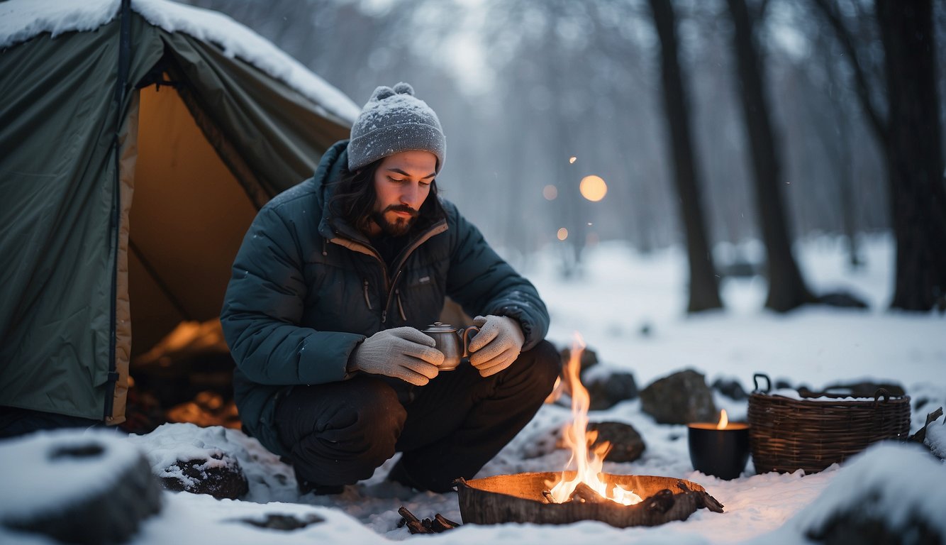 A person creating a makeshift shelter, gathering food, and boiling water in a cold, snowy environment