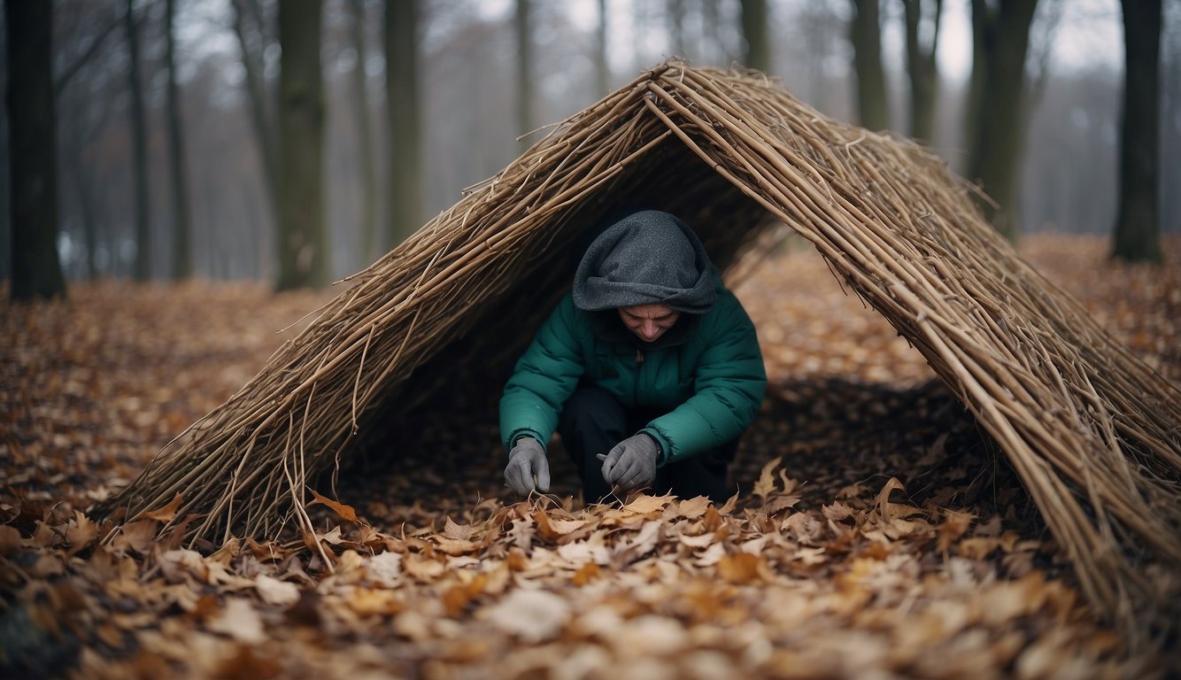 A figure constructs a shelter, gathering materials to insulate against the cold. Twigs and leaves are woven together, creating a protective barrier