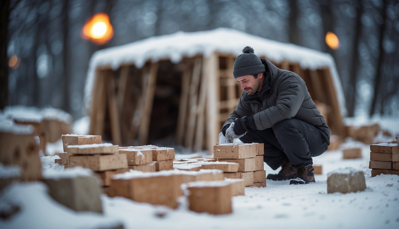 A figure constructs a shelter, gathering and arranging materials to create insulation against extreme cold