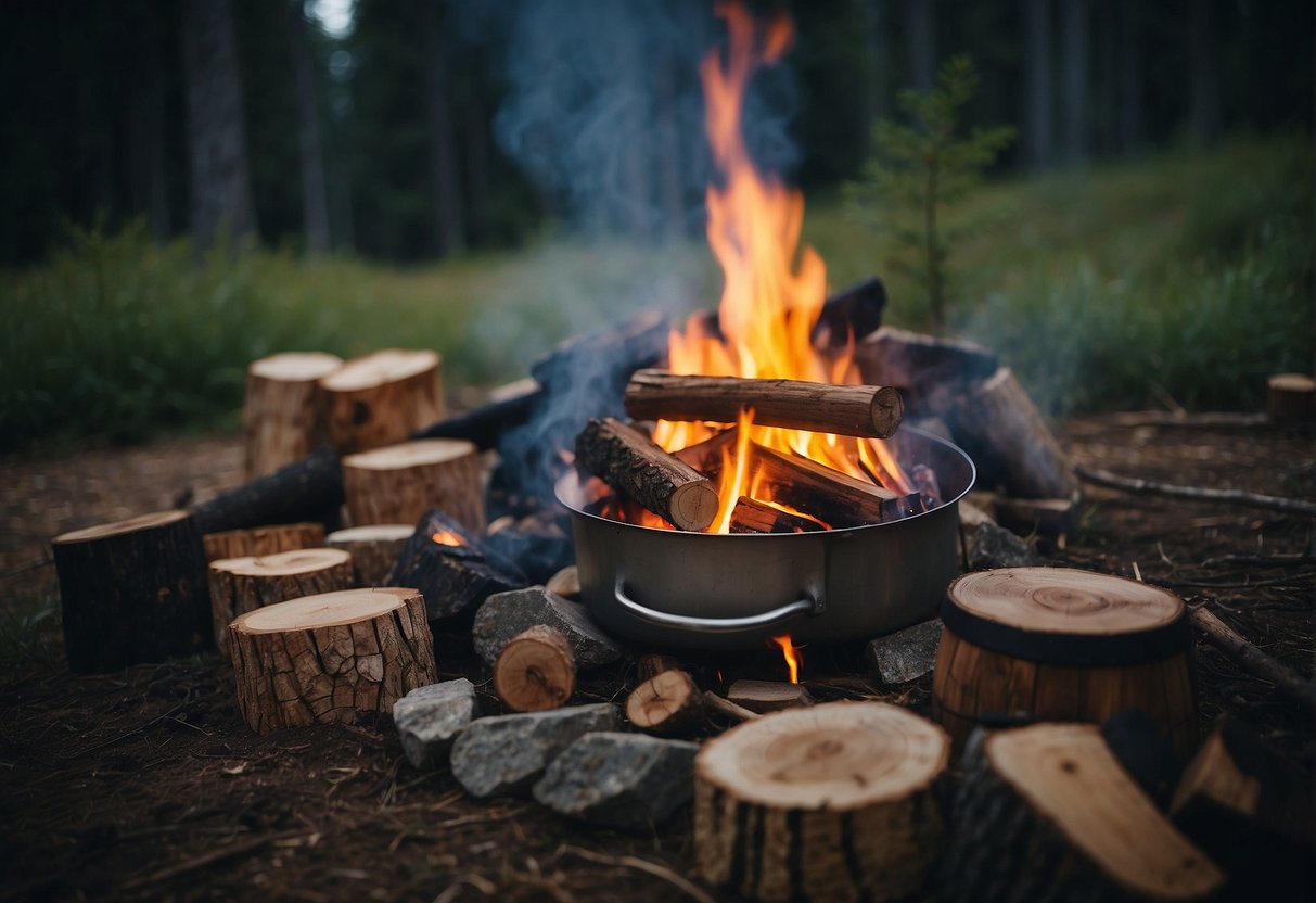 A campfire surrounded by carefully arranged stacks of firewood, water containers, and a makeshift shelter in a remote wilderness setting