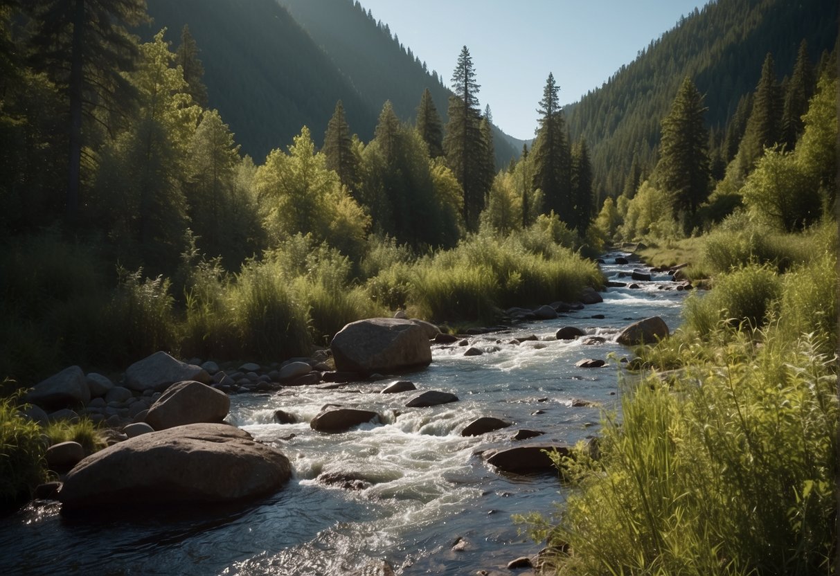 A clear stream flows through a rugged landscape, surrounded by lush greenery and towering trees. 