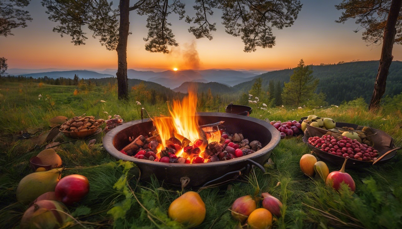 A campfire surrounded by foraged fruits, nuts, and wild vegetables. A makeshift cooking pot hangs over the flames