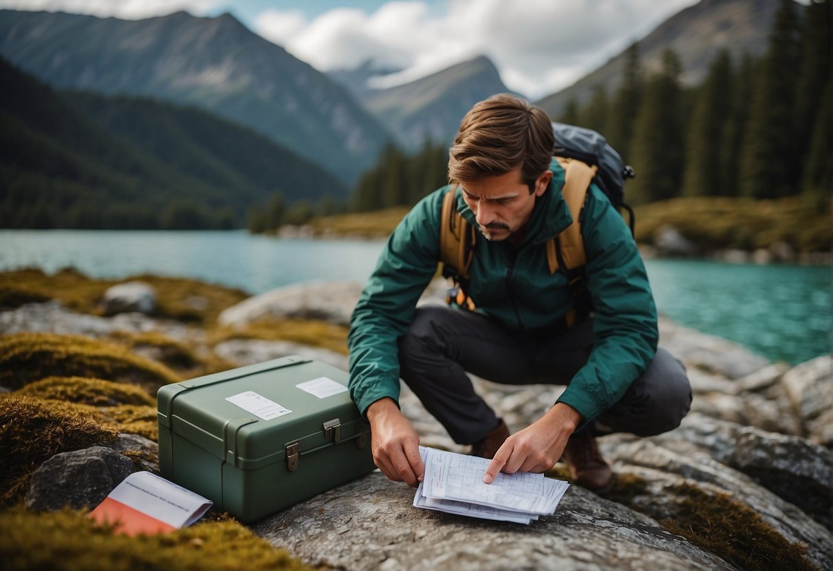 A person in the wilderness, using a first aid kit and map, while budgeting resources and ensuring safety