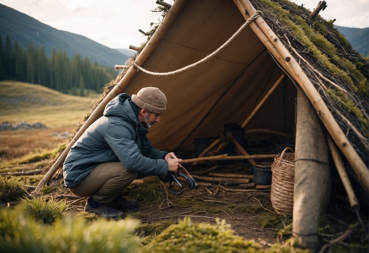 A person constructs a shelter using natural materials in a remote wilderness setting