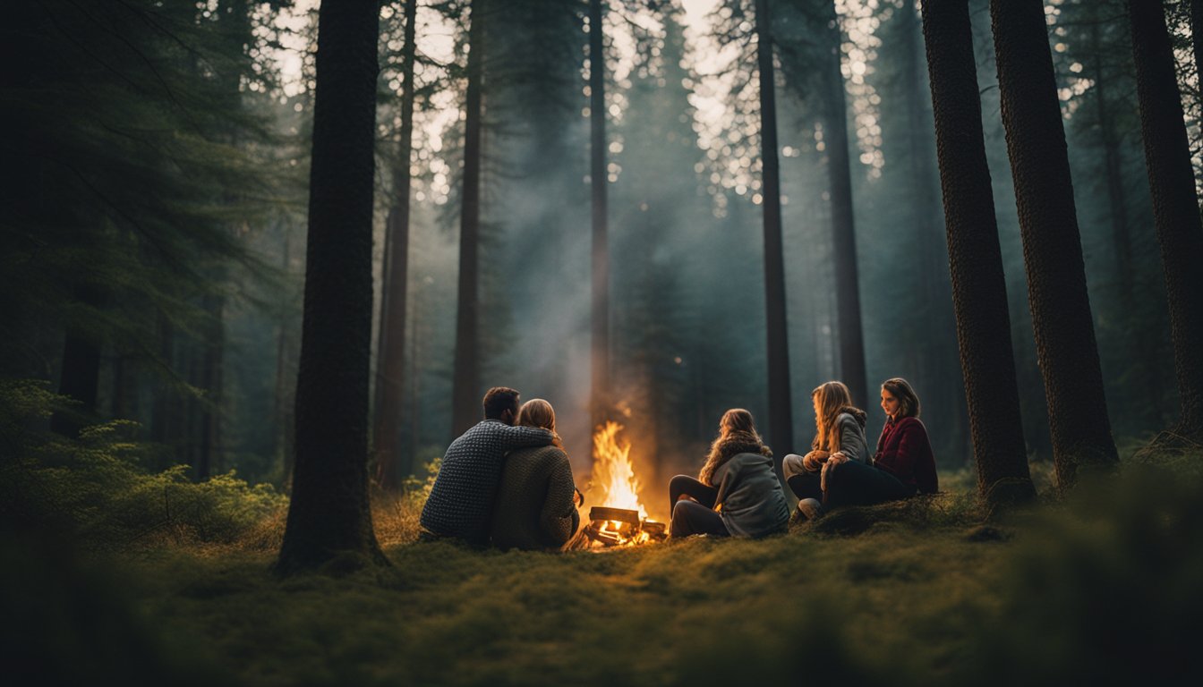 A family huddled around a fire in the wilderness, they still need to prepare their shelter