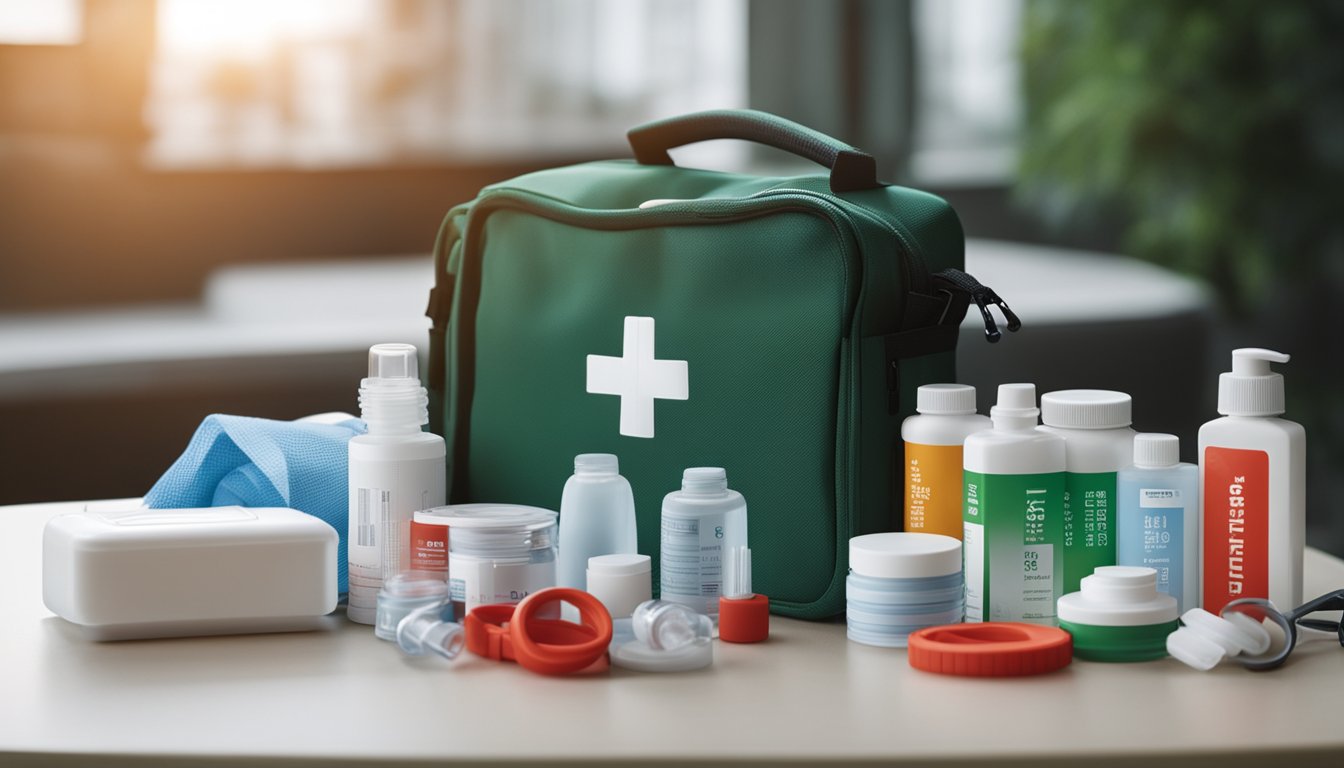 A first aid kit and medical supplies laid out on a table