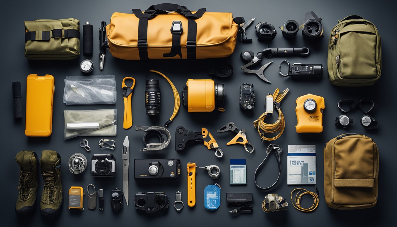 A diverse set of survival tools laid out, including climbing gear, a multi-tool, and a first aid kit