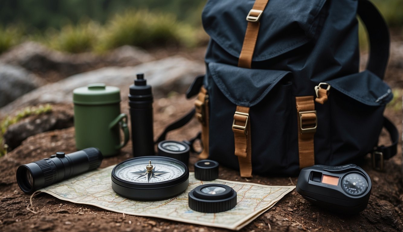 A compass, map, and handheld GPS lay on a rugged terrain. A flashlight and whistle hang from a backpack
