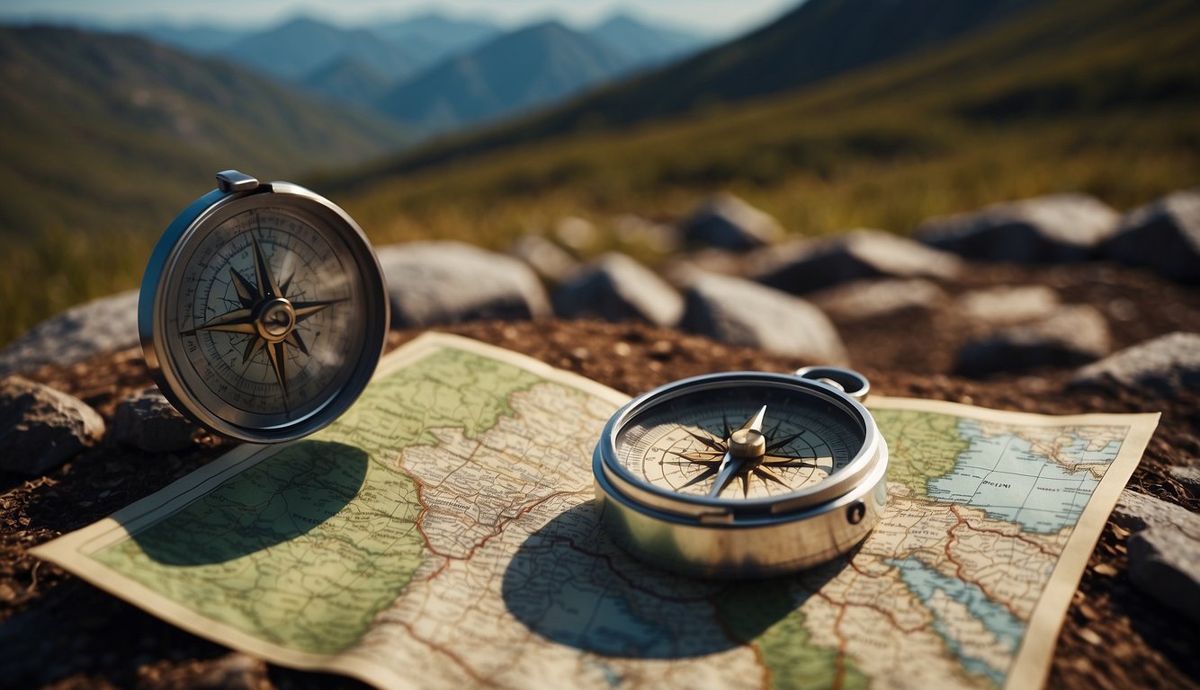 Using a compass and map to navigate through a rugged terrain with landmarks and natural features to guide them