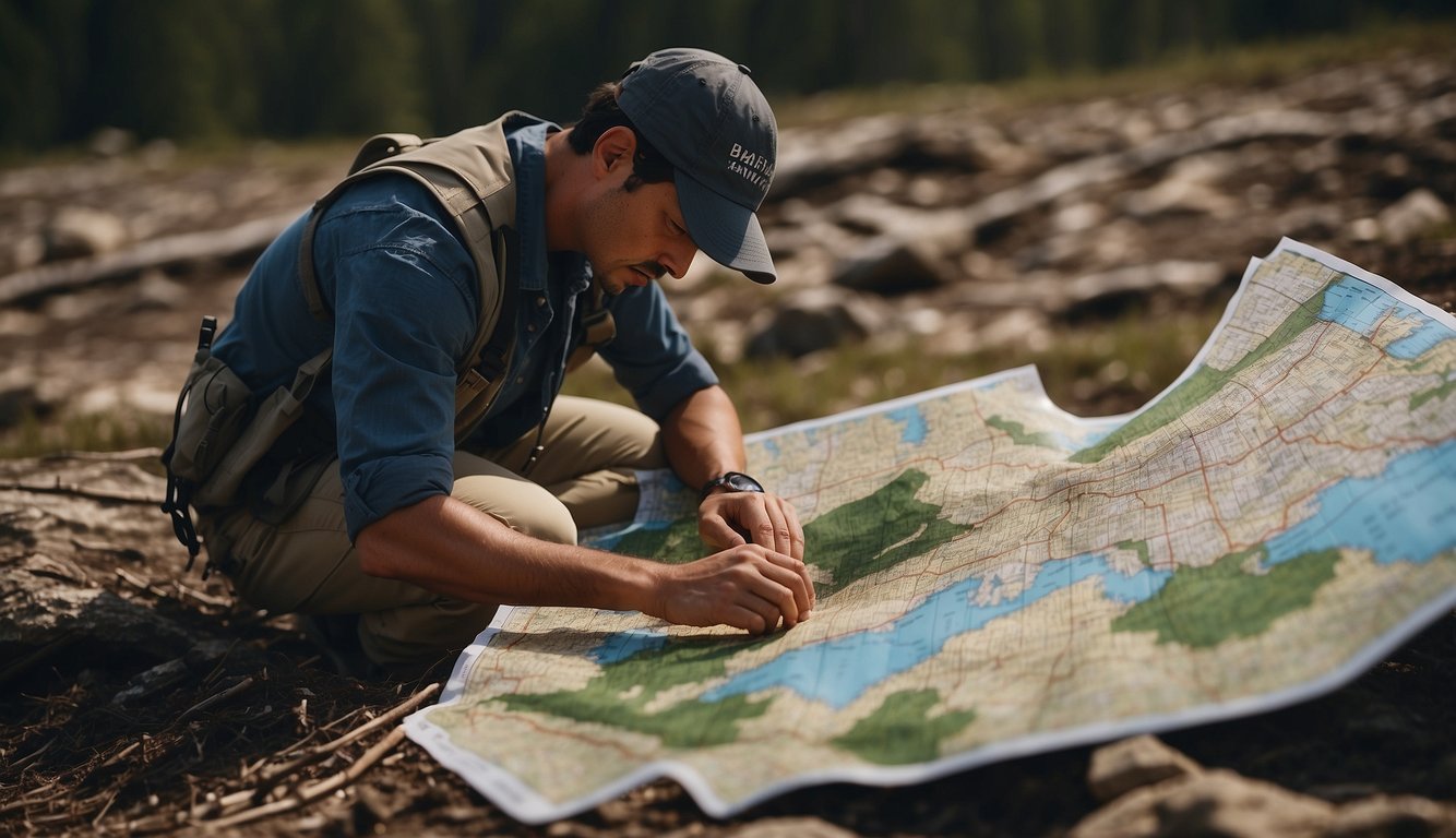 A person uses a map and compass to navigate through a disaster area, carefully observing landmarks and natural signs for direction