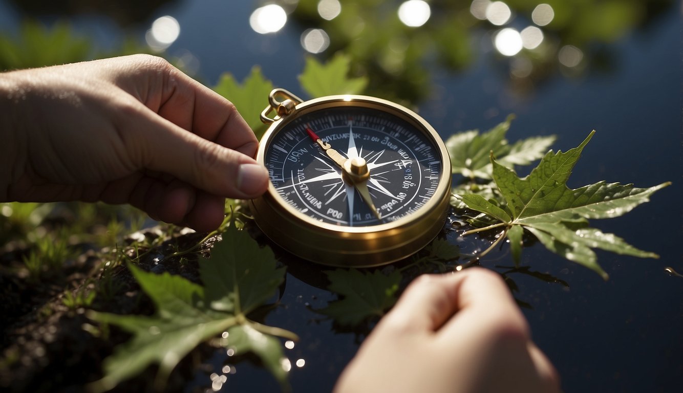 A person holding a compass over the water