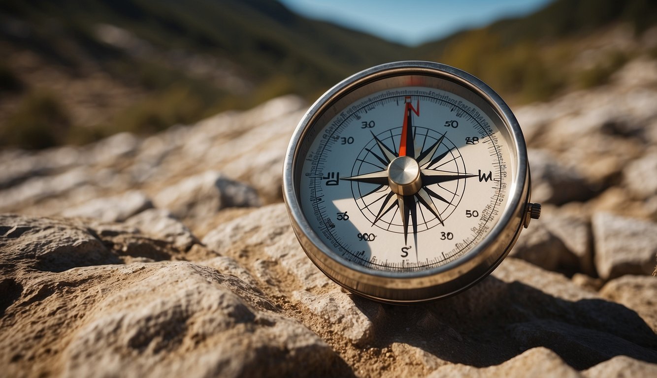 A compass and map lay on a rugged terrain. A clear sky allows the sun to cast shadows, aiding in accurate direction finding