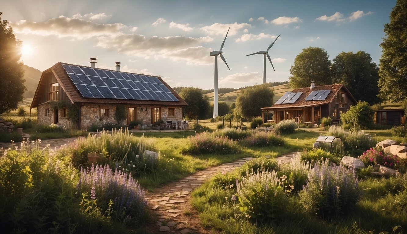 A rustic homestead nestled in the countryside, surrounded by lush greenery and a thriving garden. Solar panels and wind turbines provide sustainable energy