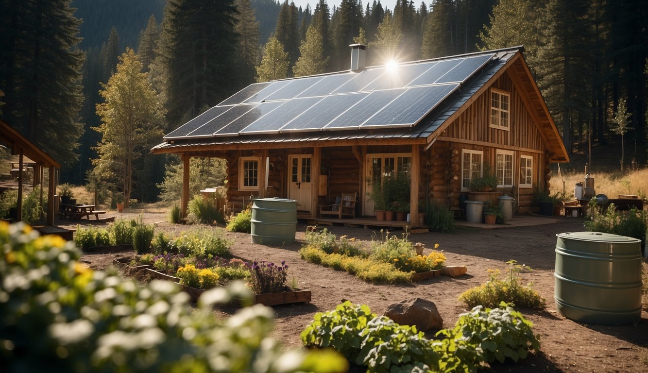A rustic homestead with solar panels, wind turbines, and a vegetable garden surrounded by a forest.