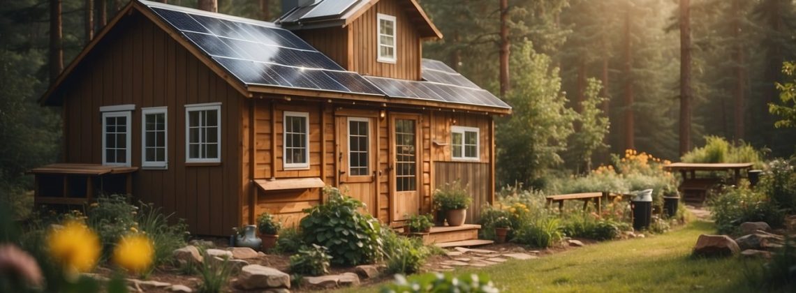 A cozy cabin nestled in the woods, surrounded by a garden and solar panels. A well-equipped chicken coop and rainwater collection system