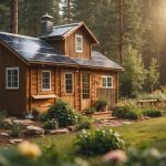 A cozy cabin nestled in the woods, surrounded by a garden and solar panels. A well-equipped chicken coop and rainwater collection system