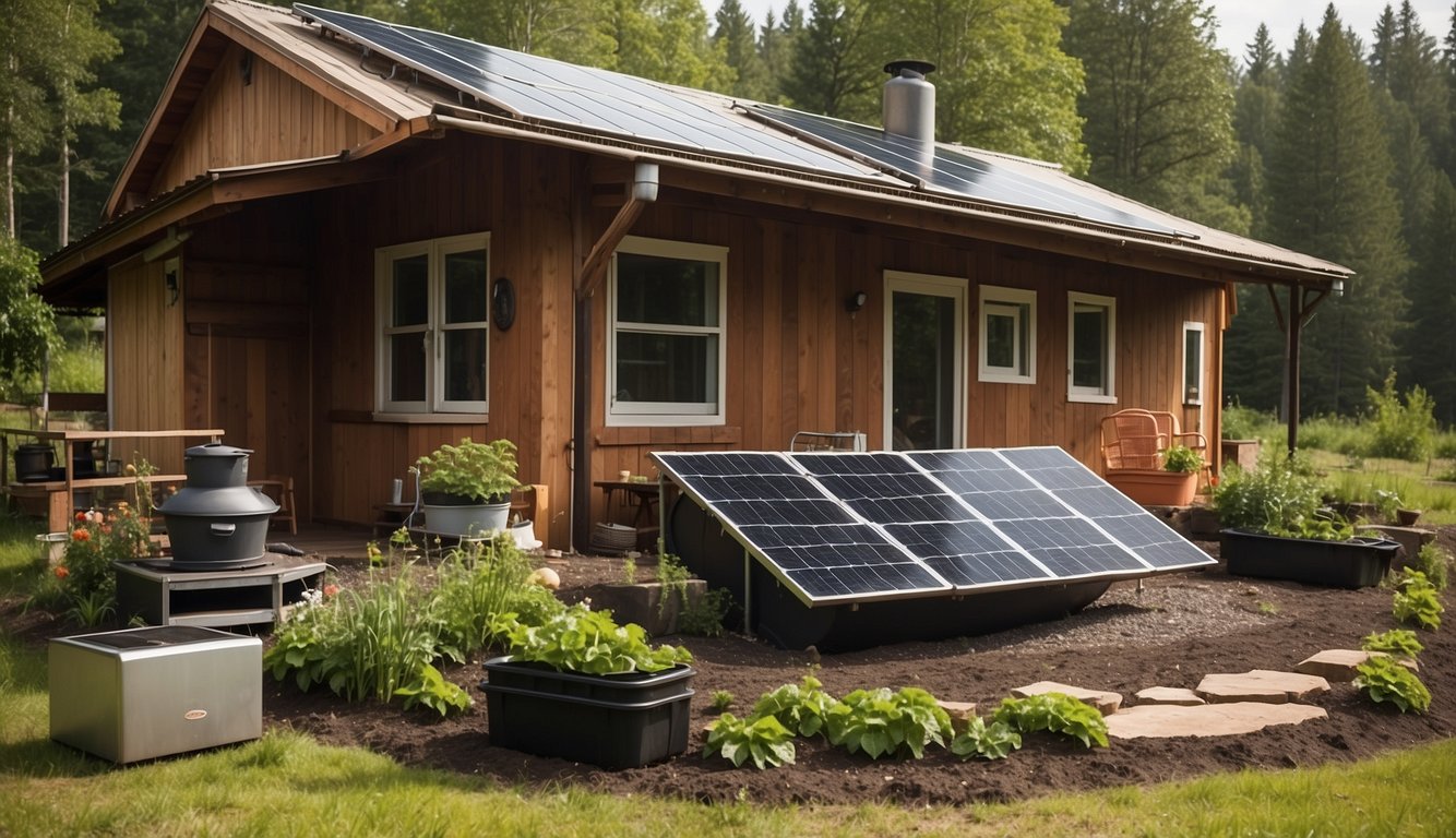 A rustic homestead with solar panels, rainwater collection system, and vegetable garden. A wood-burning stove and outdoor composting area complete the off-grid setup