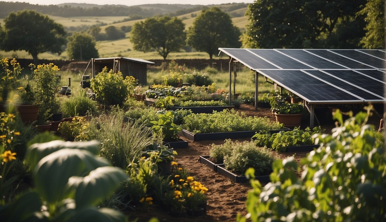 A thriving garden with diverse crops and livestock, solar panels, and rainwater collection system on a remote homestead
