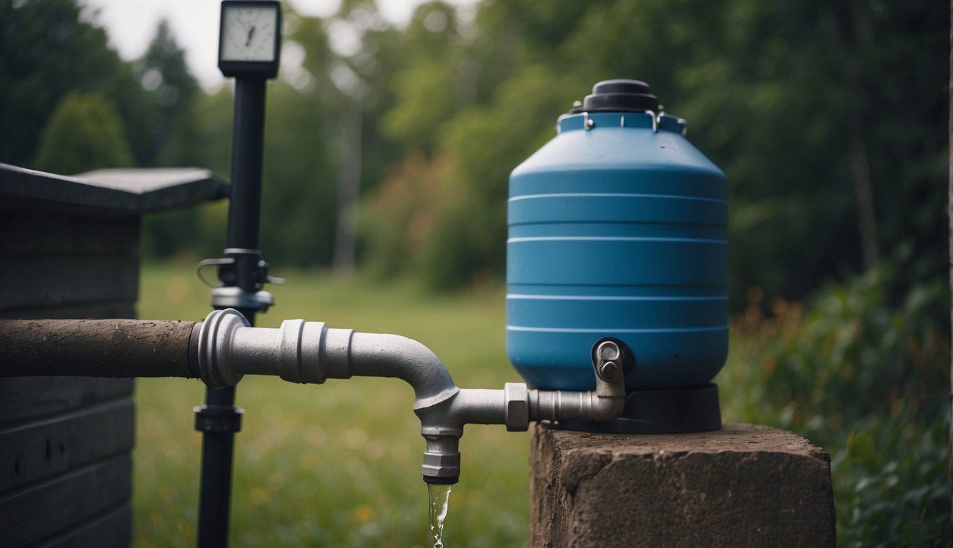 A rain barrel collects water from a downspout. A small dam diverts water to a storage tank. A hand pump draws water for daily use