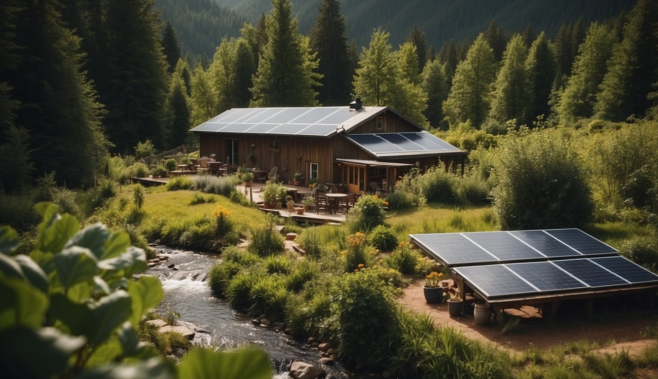 A cozy off-grid homestead with solar panels, a wind turbine, and a vegetable garden, surrounded by lush forest and a clear stream