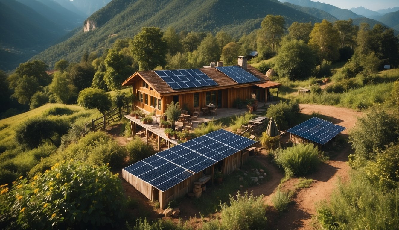 A rustic homestead with solar panels, rainwater collection, and vegetable gardens surrounded by a lush forest and mountain backdrop