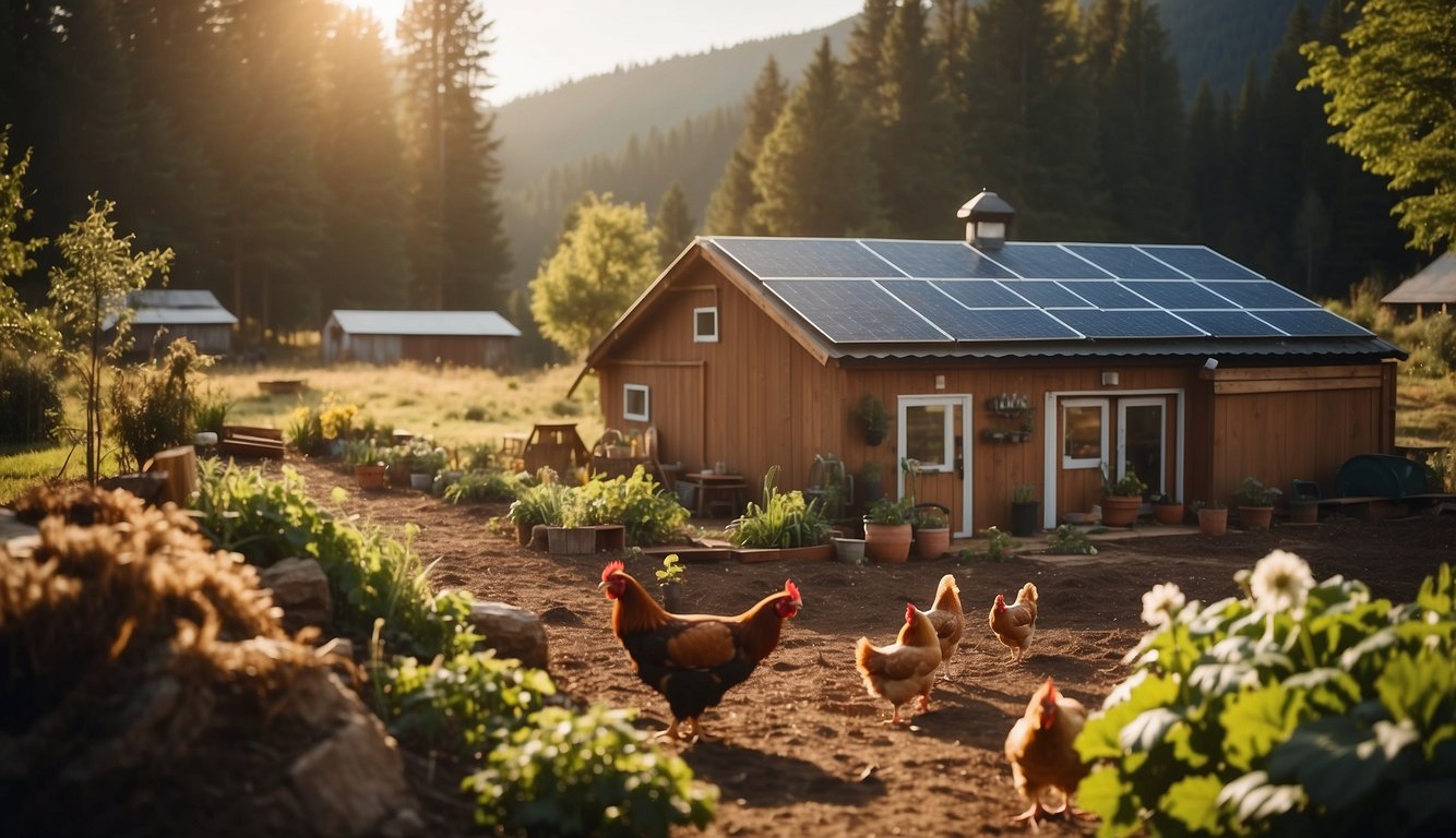 A cozy off-grid homestead with solar panels, a vegetable garden, and rainwater collection system. A family of chickens roam freely