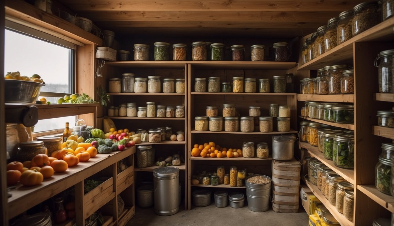 A root cellar filled with shelves of canned goods, dried herbs, and preserved fruits and vegetables. 