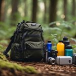 A premade bug out bag sits on a forest floor, packed with supplies. Pros: convenience, ready to go.